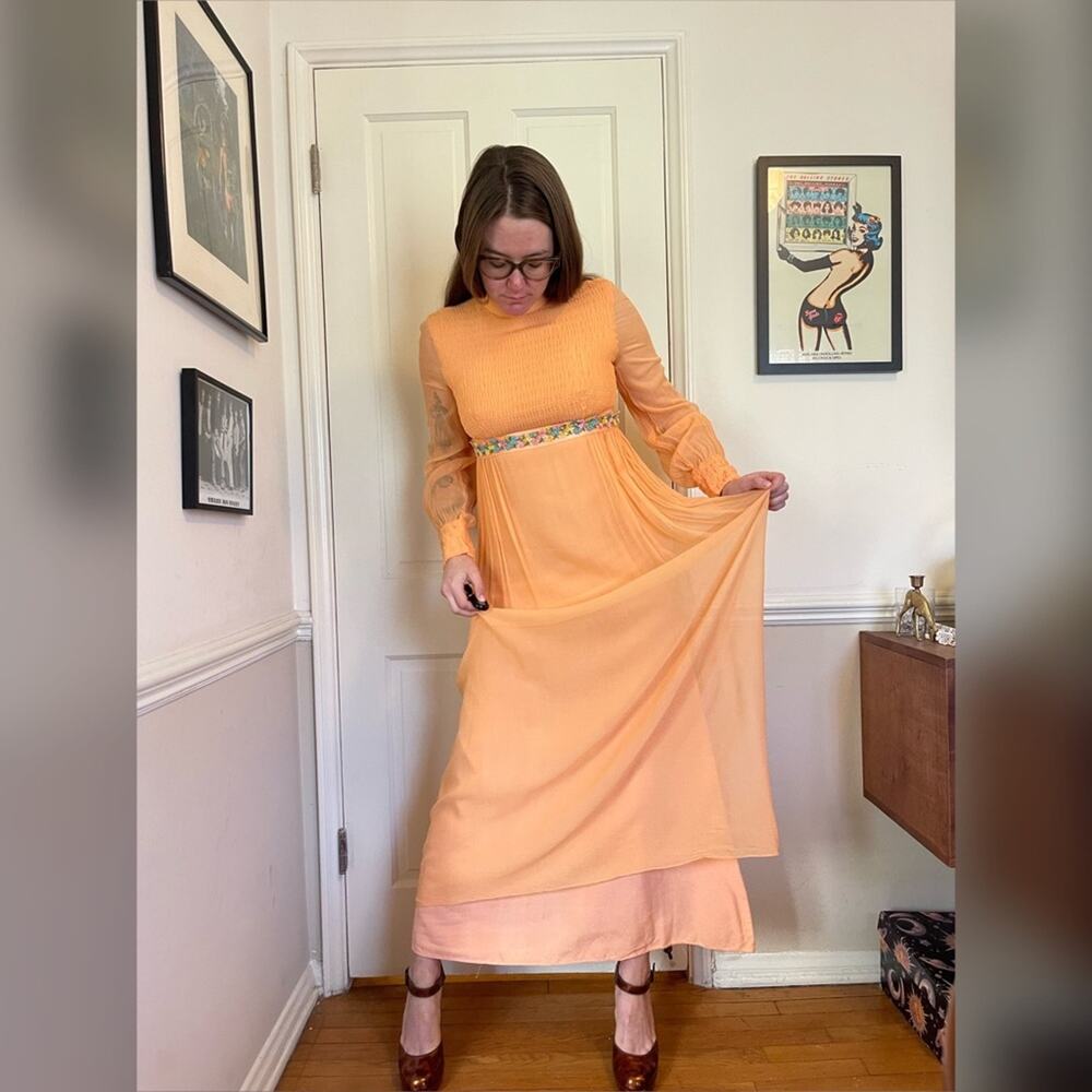 70s Vintage Shirred Bust Long Sleeve Peach Prom Dress - Picture 1 of 8